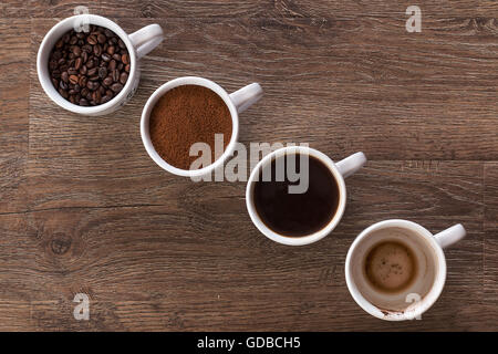 Quatre tasses de café, boisson phases - bean, sol et tasse vide. Banque D'Images