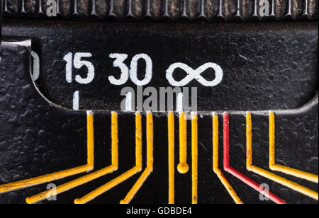 L'échelle de distance sur l'ancienne lentille à l'infini macro marque Banque D'Images