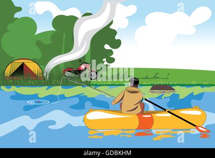 La célébration du jour de Camping, pêche en rivière avec une tente au milieu de la nature sauvage. Vector image numérique Illustration de Vecteur