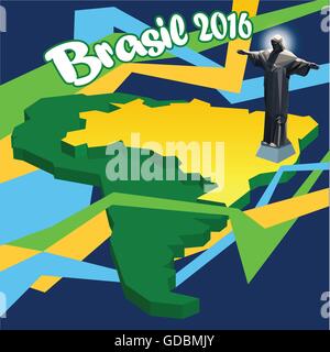 Brasil 2016, carte en 3d et de la statue de Jésus. Digital image vectorielle. Illustration de Vecteur