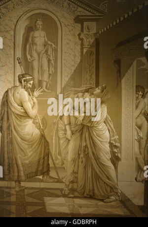 La Fontaine, Jean de, 8.7.1621 - 13.4.1695, auteur/écrivain français, 'Cupid et Psyche', Psyche et son infirmière consultant l'oracle d'Apollon, papier peint grisaille, après dessin de Louis Lafitte, imprimé par Joseph Dufour & Cie., 1815 / 1816, Musée de la papier peint allemande, Kassel, Banque D'Images