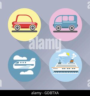 Icon Set Auto style plat. Voiture, bus, avion et bateau. Vector image numérique Illustration de Vecteur