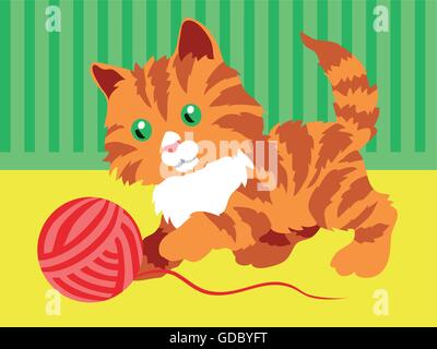 Orange mignon chaton jouant avec un indice dans la chambre. Illustration de Vecteur