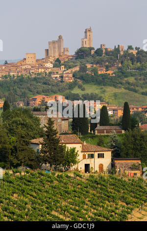 San Gimignano, Province de Sienne, Toscane, Italie. Vue d'ensemble à travers des paysages. Vignes, ferme. Banque D'Images