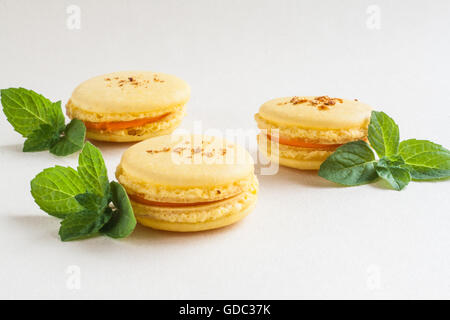 Fleur jaune et gâteaux macaron à la menthe. Banque D'Images