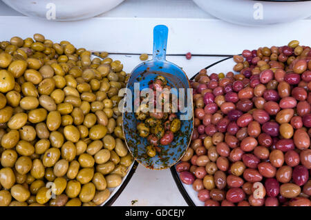 Stand d'olive, Médina, souk, Marrakech, Maroc, Afrique Banque D'Images