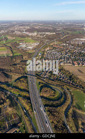 Vue aérienne, de l'autoroute A2 et A31, des frites spit Bottrop Nord, Bottrop, Ruhr, Rhénanie du Nord-Westphalie, Allemagne, Europe, Banque D'Images