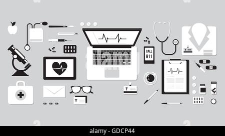 Bureau du médecin avec des instruments de soins et de l'équipement, ordinateur portable, tablette et téléphone Illustration de Vecteur