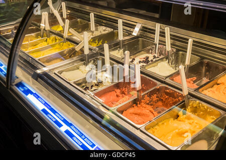 Des glaces dans une vitrine réfrigérée dans une gelateria à Florence, Toscane, Italie Banque D'Images