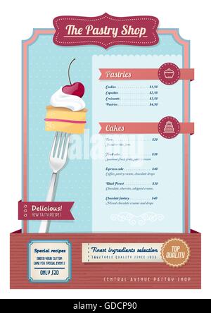 Pâtisserie et gâteaux Vintage menu avec fourchette et cherry pie Illustration de Vecteur