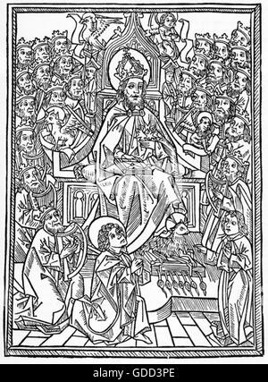 Nider, Johannes, avant 1365 - 13.8.1438, Allemand clergyman, oeuvres, 'Divier vnd zwenzig gulden harpfen', titre woodcut, imprimé par Martin Schott, Strasbourg, 1493, Banque D'Images