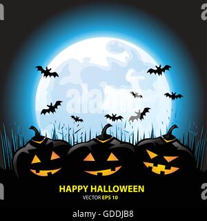 Happy Halloween pumpkins sur blue moon light night party festival célébration vector illustration. Illustration de Vecteur