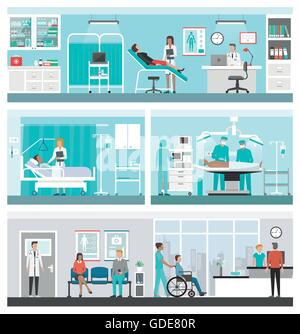 Des hôpitaux et des soins de santé : médecins de garde travaillant au bureau, Ward, la chirurgie, la réception et les patients en attente dans le couloir Illustration de Vecteur