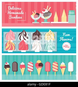 De délicieuses glaces bannière colorée avec des cônes, des sucettes glacées, les coupes glacées et glaces bacs, concept de vente au détail des aliments Illustration de Vecteur