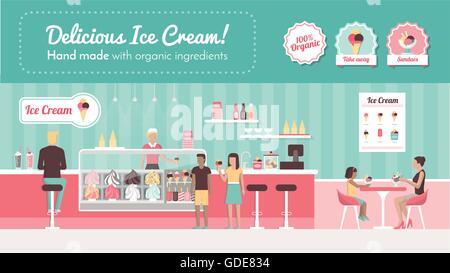 Ice cream parlour vector banner, shop intérieur, desserts et les personnes mangeant Illustration de Vecteur