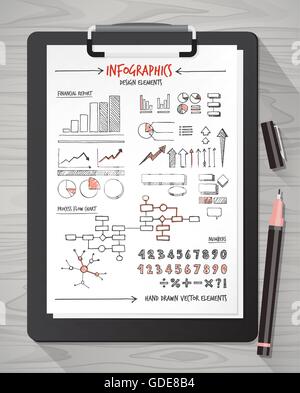 Infographies dessiné à la main et les concepts d'icônes sur une feuille avec le presse-papier et stylo Illustration de Vecteur