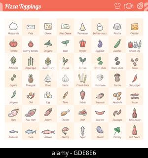 Variété Traditionnelle Pizza toppings icons set pour différentes recettes Illustration de Vecteur