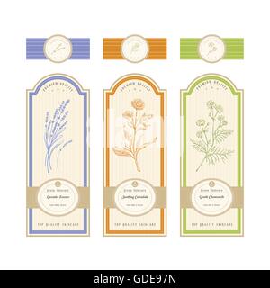 L'étiquette du produit naturel avec plante : lavande, de calendula et de camomille Illustration de Vecteur