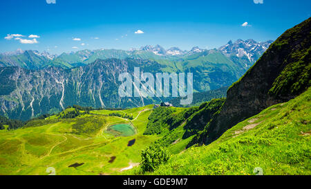 Panorama depuis le Fellhorn plus Schlappoldsee et station de montagne Fellhorn au central de téléphériques crête principale des Alpes d'Allgäu, Al Banque D'Images