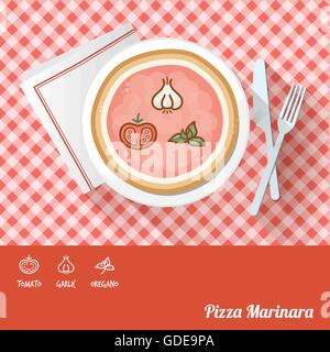 Pizza marinara sur un plat avec les ingrédients et recette icône nom en bas Illustration de Vecteur