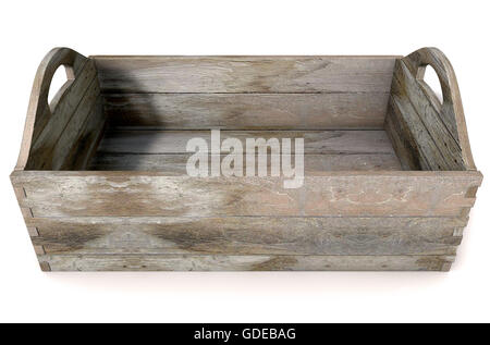 Un rendu 3D d'une boîte en bois vide ouvert sur un fond studio blanc isolé Banque D'Images
