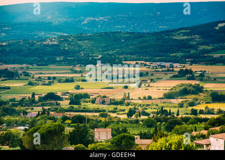 Champs et prairies près de Bonnieux village de Provence, France. Banque D'Images