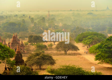 Deux hommes qui pédalent le long d'une route au lever du soleil, Bagan, Mandalay, Myanmar Banque D'Images