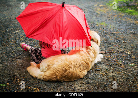 Fille et chiot golden retriever dog sitting sur sentier sous un parapluie dans la pluie Banque D'Images