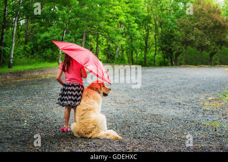 Fille et chiot golden retriever dog standing on sentier sous un parapluie dans la pluie Banque D'Images