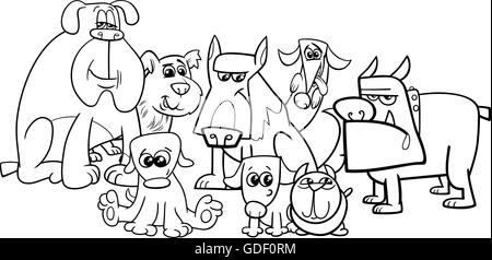 Cartoon noir et blanc Illustration de livre de coloriage Groupe Caractères Chiens Illustration de Vecteur