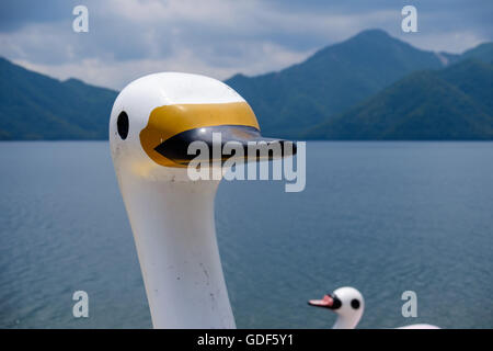 Swan boats au lac Chuzenji dans le Parc National de Nikko, au Japon. Banque D'Images