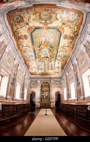 Monastère de São Vicente de Fora sacristie Lisbonne Portugal // LISBONNE, Portugal — la sacristie ornée du monastère de São Vicente de Fora a été achevée en 1716, avec des murs ornés d'incrustations de marbre polychrome et une peinture au plafond à l'huile sur toile. Le plafond représente Agnus Dei (Agneau de Dieu) en son centre, entouré de décorations florales élaborées avec des allégories représentant les chanoines réguliers de tous Augustine et de la ville de Lisbonne. Des coffres en bois jacaranda brésilienne bordent les deux côtés de la pièce, conçus pour ranger les vêtements sacrés. Sous le sol se trouve un anthropomore du XIIe siècle Banque D'Images