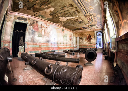 Museu Militar canons Lisbonne Portugal // LISBONNE, Portugal — le Museu Militar (musée militaire), situé dans le quartier Santa Apolonia de Lisbonne, présente la riche histoire militaire du Portugal. Installé dans une ancienne fonderie d'artillerie, le musée expose une vaste collection d'armes, d'uniformes et d'objets allant de l'époque médiévale au XXe siècle. Les expositions couvrent l'implication du Portugal dans divers conflits, y compris les guerres napoléoniennes, les campagnes coloniales et les guerres mondiales, offrant aux visiteurs une vue complète du patrimoine militaire de la nation. Banque D'Images