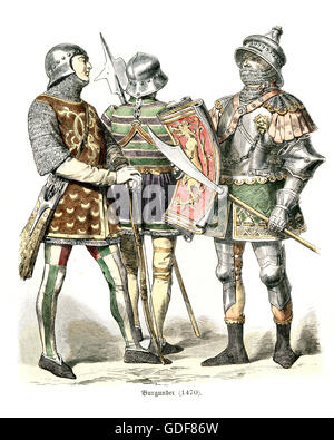 Les costumes des chevaliers bourguignons et des soldats en armure. 1470 Banque D'Images