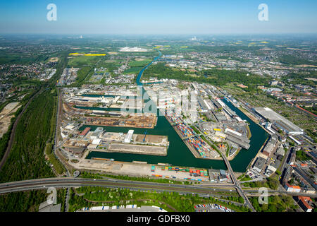 Vue aérienne, port de Dortmund, port intérieur, canal Dortmund-Ems, port à conteneurs, le Port de Dortmund AG, Dortmund, Ruhr Banque D'Images