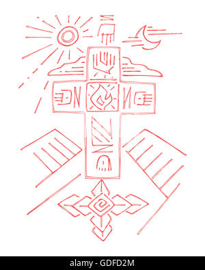 Hand drawn vector illustration ou dessin d'une croix avec différents symboles religieux Banque D'Images