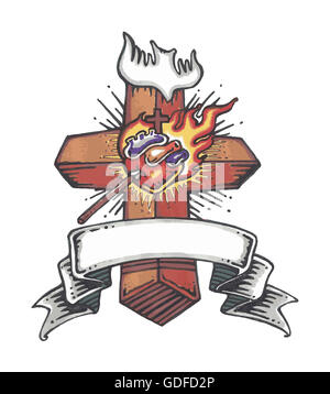 Hand drawn vector illustration ou dessin d'une croix avec une religieuse du Sacré-Cœur de Jésus Christ et une colombe, représentant les jours fériés Banque D'Images