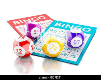 Moteur de rendu 3d image. Des cartes de bingo avec des boules de bingo. Isolé sur fond blanc. Banque D'Images