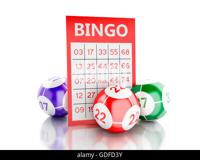 Moteur de rendu 3d image. Carte de bingo rouge avec des boules de bingo. Isolé sur fond blanc. Banque D'Images