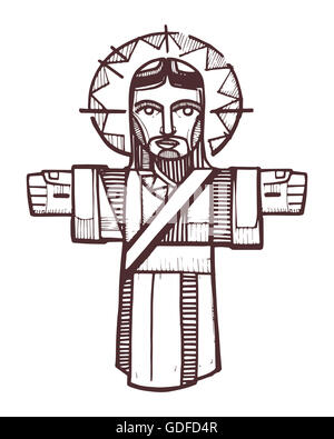 Hand drawn vector illustration ou dessin de Jésus Christ à bras ouverts dans un style ethnique Banque D'Images