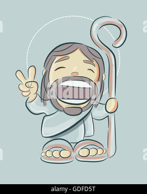 Hand drawn vector illustration ou dessin de Jésus Bon Pasteur smiling cartoon Banque D'Images