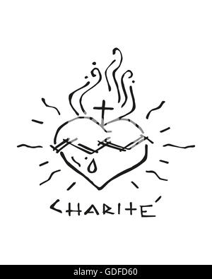 Hand drawn vector illustration ou dessin de la Charité de Jésus Christ Sacré Coeur Banque D'Images