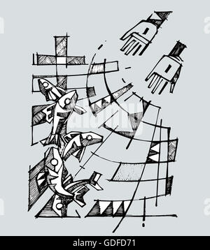 Hand drawn vector illustration ou dessin du Christ Jésus, les mains avec un filet, une croix et des poissons Banque D'Images
