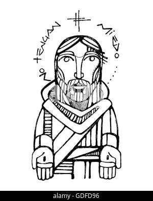 Hand drawn vector illustration ou dessin de Jésus Christ avec les mains et blessés l'expression : Pas tengan miedo, ce qui signifie : D Banque D'Images