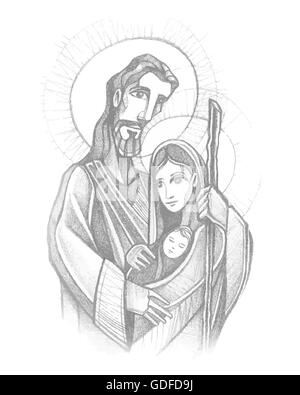 Hand drawn vector illustration ou dessin de Jésus, Joseph et Marie, la Sainte Famille Banque D'Images