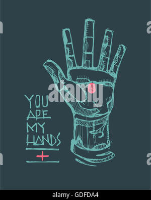 Hand drawn vector illustration ou dessin d'une main de Jésus Christ et de l'expression : Vous êtes mes mains Banque D'Images
