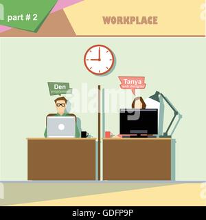 Rôles de l'entreprise situation des infographies avec web designer et programmeur à leur lieu de travail. Vector image numérique Illustration de Vecteur