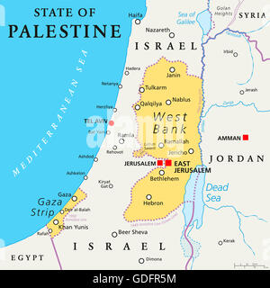 Etat de Palestine avec Jérusalem-Est capitale désignée, prétendant à l'Ouest et de la bande de Gaza. Une carte politique. Banque D'Images