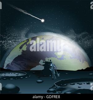 Big Planet terre vue de la lune en 3d, sur un fond plein d'étoiles brillantes et la chute d'un astéroïde ou une comète. Vect numérique Illustration de Vecteur