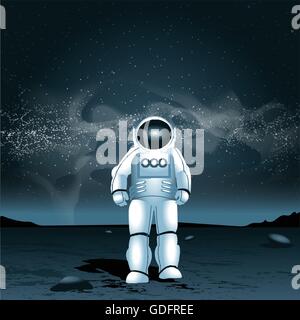 Astronaute sur une planète, sur un arrière-plan avec espace sombre et lumineux des étoiles. Vector image numérique Illustration de Vecteur